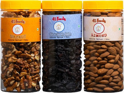 41 foods Dry fruits combo pack of BlackRaisins Almonds Walnuts |akhrot badam kismis 600GM Walnuts, Almonds, Raisins(3 x 200 g)