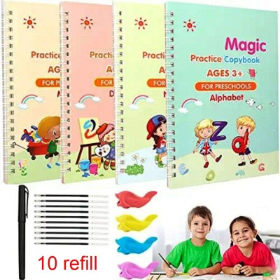 Practice Copybook (4 BOOKS,1 PEN,10 REFILL), Number Tracing Book For Preschoolers With Pen, Magic Calligraphy Copybook Set Practical Reusable Writing Tool Simple Hand Lettering(Hardcover, China)