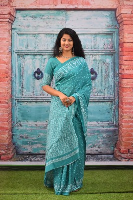 vaishnavi handicrafts Blocked Printed, Color Block, Floral Print, Printed Ikkat Pure Cotton Saree(Light Green)