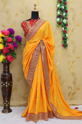 Piton Enterprise Embroidered Bollywood Art Silk Saree(Yellow)