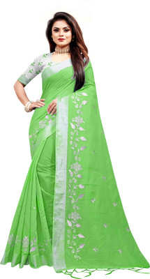 Vleez Embroidered Ilkal Chanderi Saree(Dark Green)