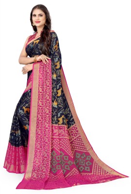 Indrakshi Printed Bollywood Brasso Saree(Dark Blue, Pink)