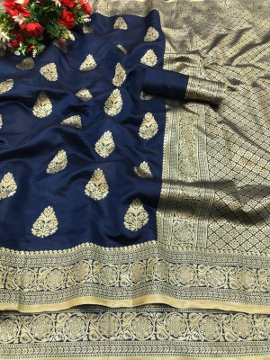 mishihouse Woven Kanjivaram Jacquard, Pure Silk Saree(Dark Blue, Brown)