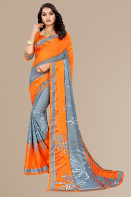 Kanooda Prints Printed Daily Wear Georgette Saree(Orange, Grey)