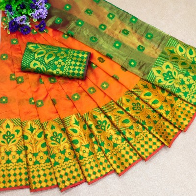 PRIHAL ART Woven Kanjivaram Cotton Silk Saree(Orange)