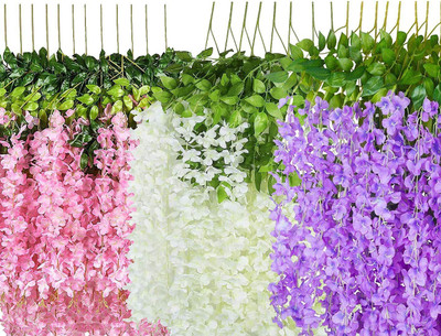 Creativo Artificial Wisteria Flower 4 White & 4 Pink & 4 Purple Vine Hanging Home Decor White, Pink, Purple Westeria Artificial Flower(42 inch, Pack of 12, Vine & Creepers)
