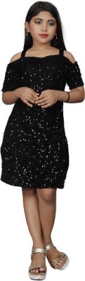 WAZIX Clothing Girls Midi/Knee Length Casual Dress(Black, Half Sleeve)