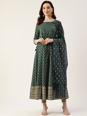 Hisham Women Printed Anarkali Kurta(Green)