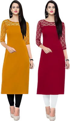 ZELZIS Women Solid Straight Kurta(Maroon, Yellow)