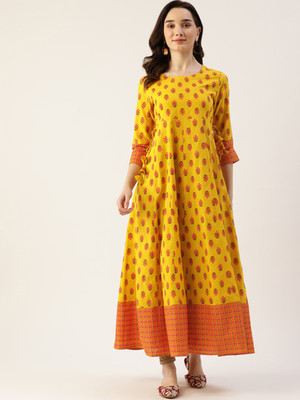 Hisham Women Printed Anarkali Kurta(Yellow)
