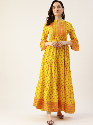 KBZ Women Printed Anarkali Kurta(Yellow)