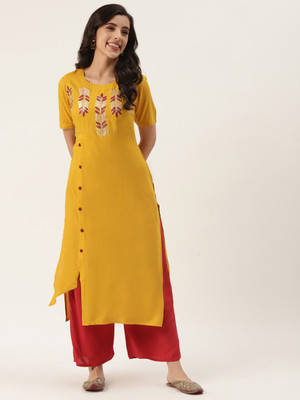 Hisham Women Embroidered Frontslit Kurta(Yellow)