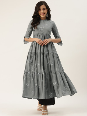 Hisham Women Printed Anarkali Kurta(Grey)