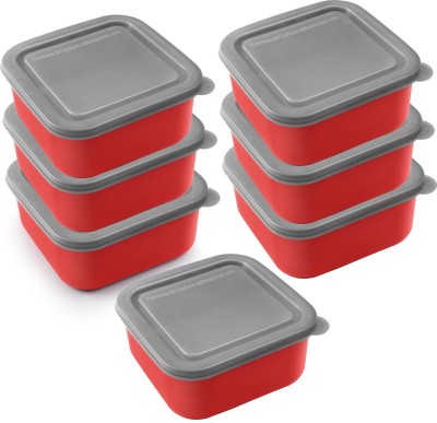 PEACHBERRY Stainless Steel Microwave Safe Square Lunch Box/Container/Serving Bowl Leak/Spill Proof(Set of 7 Piece, Colour, Red Size, 16 cm Capacity, 800ML) 7 Containers Lunch Box(800 ml, Thermoware)