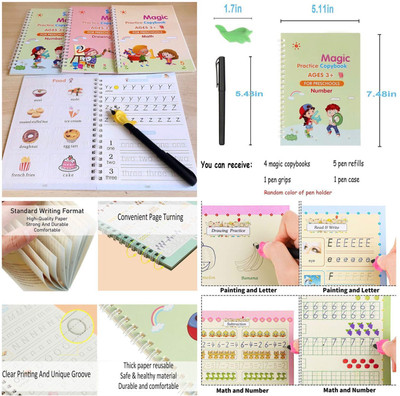 Lunavisor 4-Pcs ENGLISH MAGIC PRACTICE HANDWRITING COPYBOOK With PEN CASE REFILLS KIDS SIM Book-size Notebook RULE 40 Pages(Multicolor, Pack of 4)
