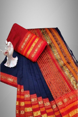 StyleDeal Woven Kota Doria Cotton Blend Saree(Dark Blue)