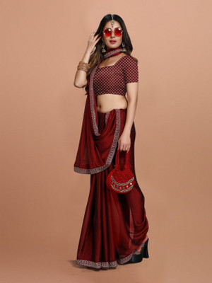 DHARMEE Embroidered, Solid/Plain Bollywood Satin Saree(Red)