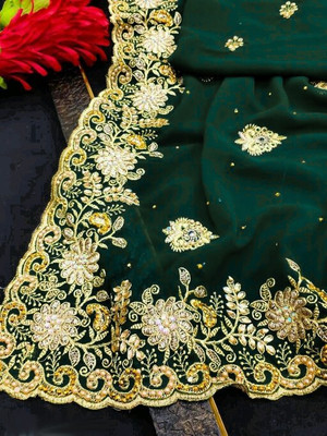 KanjiQueen Embroidered Bollywood Georgette Saree(Dark Green)