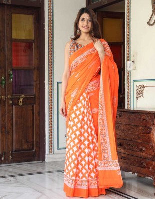 DASTKARPRINT Printed Daily Wear Pure Cotton Saree(Orange)