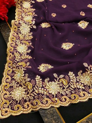 KanjiQueen Embroidered Bollywood Georgette Saree(Purple)