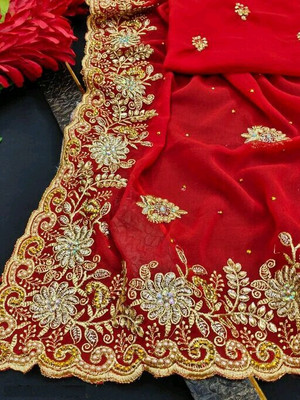 KanjiQueen Embroidered Bollywood Georgette Saree(Red)