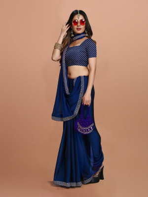 DHARMEE Solid/Plain Bollywood Satin Saree(Dark Blue)