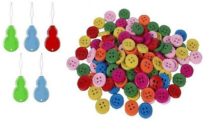 Kunfaya 5 Pc Needle Threader Picker + 50Pc Round Ring with 4 Holes Buttons Sewing Kit