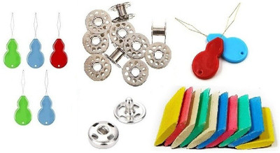 Kunfaya 5 Pc Needle Threader Picker + 5 Bobbin, 10Chalk, 20 Button, 2 Thread Pick Sewing Kit