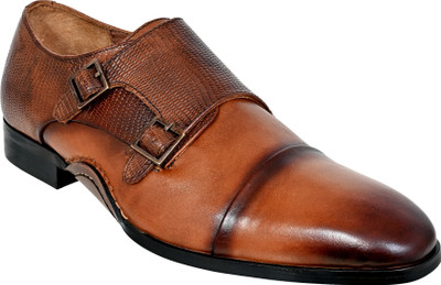 HX London double monk strap Monk Strap For Men(Tan , 8)