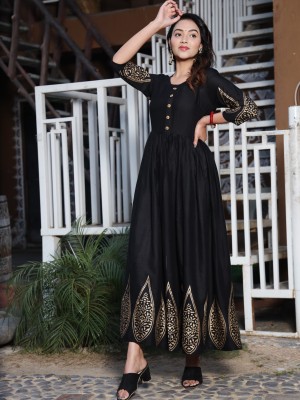 NAMA Women Floral Print Anarkali Kurta(Black)