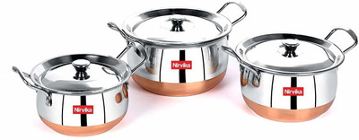Nirvika 3 pcs handi set with lid & handle stainless steel copper bottom patila Non-Stick Coated Cookware Set(Stainless Steel, 3 - Piece)