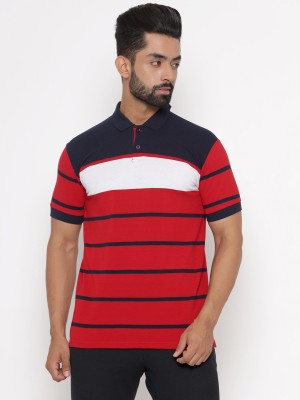 Gentino Striped Men Polo Neck Maroon T-Shirt