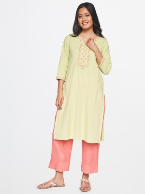 GLOBAL DESI Women Self Design Straight Kurta(Green)