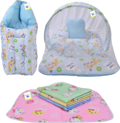 Toddylon Cotton Baby Bed Sized Bedding Set(Blue, 1pc Mosquito Net bed, 1pc sleeping Bag, 4pcs Bed Protector)