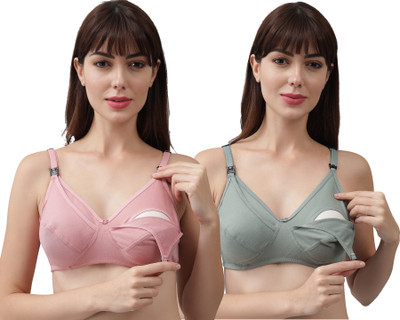 SPUNN Women's Maternity / Nursing Comfortable Breastfeeding Bra Combo Women Maternity/Nursing Non Padded Bra(Pink, Light Green)