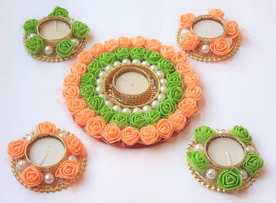 PRAHLL Artificial Rose,Pearls Diya Tlite Rangoli Floating/Non Floating Festive Decor Plastic 5 - Cup Tealight Holder Set(Orange, Green, Pack of 5)