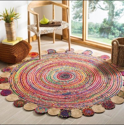 Jilani Handloom Rugs Multicolor Cotton Area Rug(3 ft,  X 3 ft, Circle)