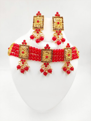 SR Sarthak Royal Alloy Gold-plated Red Jewellery Set(Pack of 1)