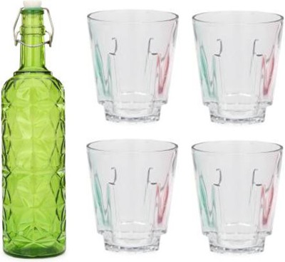 1st Time Bottle & 4 Glass Serving Lemon Set, Green, Clear, Glass,1000 Ml 1000 ml Bottle With Drinking Glass(Pack of 5, Green, Glass)