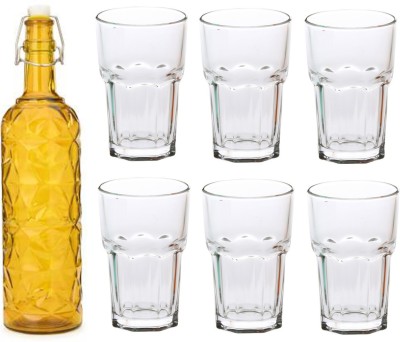 AFAST Bottle & 6 Glass Serving Lemon Set, Yellow, Clear, Glass 1000 ml Bottle With Drinking Glass(Pack of 7, Yellow, Clear, Glass)