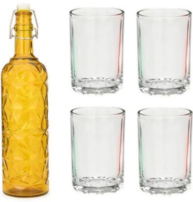 AFAST Bottle & 4 Glass Serving Lemon Set, Yellow, Clear, Glass 1000 ml Bottle With Drinking Glass(Pack of 5, Yellow, Clear, Glass)