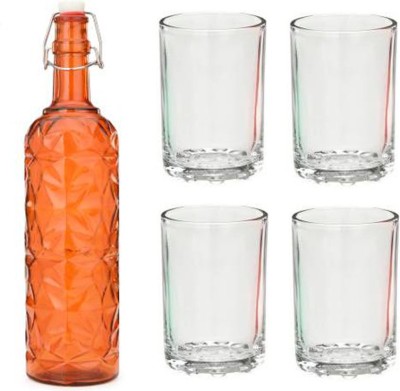 AFAST Bottle & 4 Glass Serving Lemon Set, Orange, Clear, Glass 1000 ml Bottle With Drinking Glass(Pack of 5, Orange, Clear, Glass)
