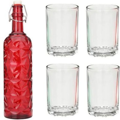 AFAST Bottle & 4 Glass Serving Lemon Set, Red, Clear, Glass 1000 ml Bottle With Drinking Glass(Pack of 5, Red, Clear, Glass)