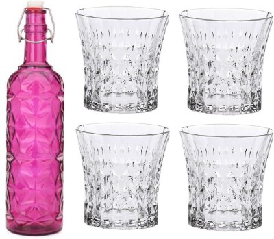 1st Time Bottle & 4 Glass Serving Lemon Set, Pink, Clear, Glass, 1000 Ml 1000 ml Bottle With Drinking Glass(Pack of 5, Pink, Glass)