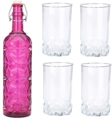 AFAST Bottle & 4 Glass Serving Lemon Set, Pink, Clear, Glass 1000 ml Bottle With Drinking Glass(Pack of 5, Pink, Clear, Glass)