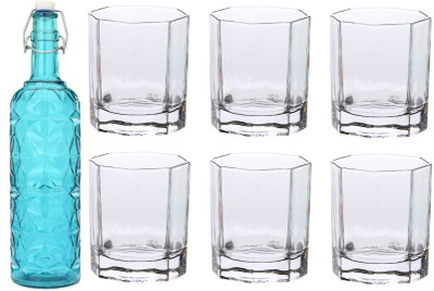 AFAST Bottle & 6 Glass Serving Lemon Set, Blue, Clear, Glass 1000 ml Bottle With Drinking Glass(Pack of 7, Blue, Clear, Glass)