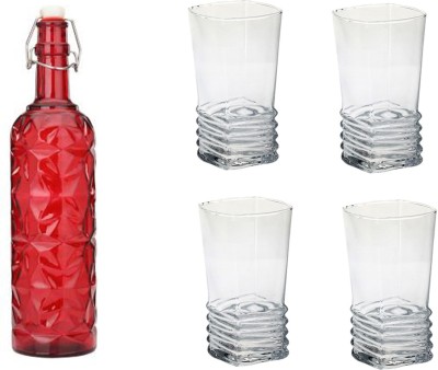 AFAST Bottle & 4 Glass Drinks Serving Lemon Set, Red, Clear, Glass, 1000 Ml -A18 1000 ml Bottle With Drinking Glass(Pack of 5, Red, Glass)