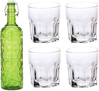 AFAST Bottle & 4 Glass Serving Lemon Set, Green, Clear, Glass - A325 Jug Bottle Glass Set(Glass)