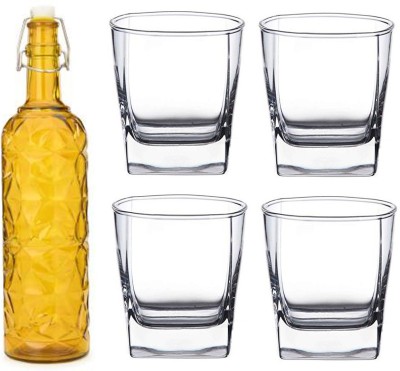 AFAST Bottle & 4 Glass Drinks Serving Lemon Set, Yellow, Clear, Glass, 1000 Ml -A35 1000 ml Bottle With Drinking Glass(Pack of 5, Yellow, Glass)
