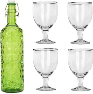 AFAST Bottle & 4 Glass Drinks Serving Lemon Set, Green, Clear, Glass, 1000 Ml -A71 1000 ml Bottle With Drinking Glass(Pack of 5, Green, Glass)